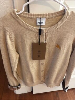 Burberry Beige Crewneck Button-Front Cardigan with Horse Embroidery